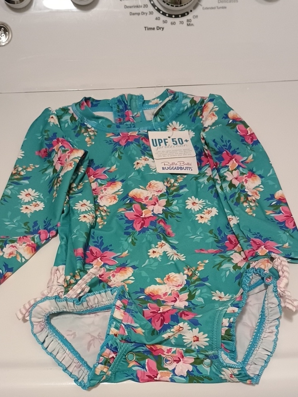 Ruffle Butts Teal Floral UPF 50+ Long Sleeve Rashguard